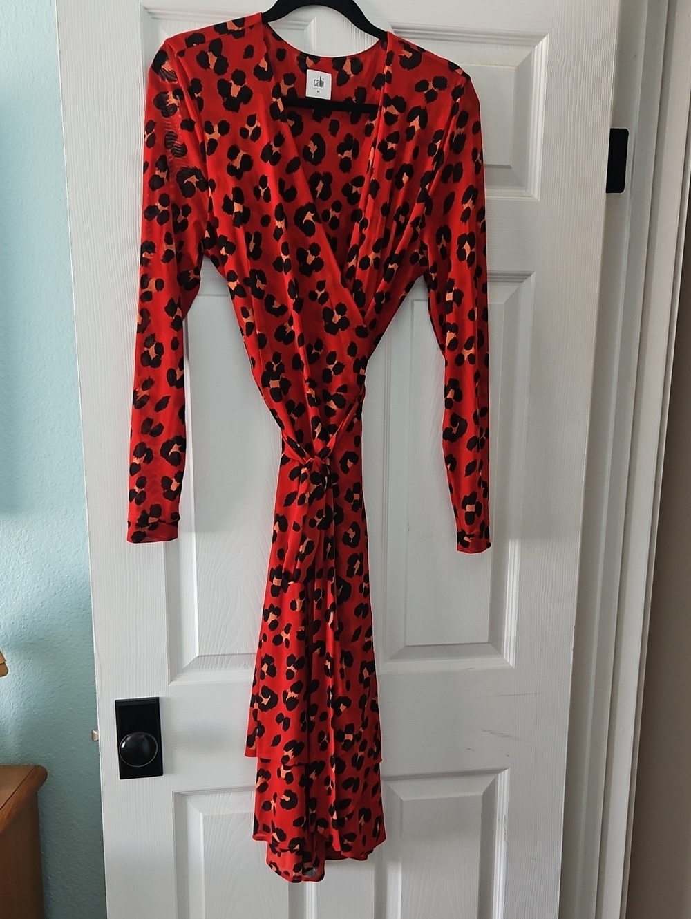 CAbi Red and Black Leopard-Print Long Sleeve Wrap Dress